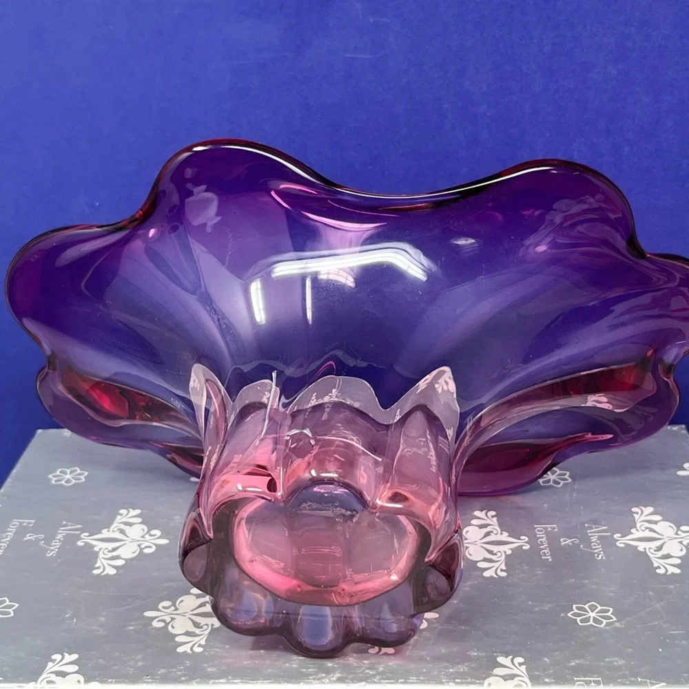 MCM Purple Glass Scalloped edge Bowl Vase